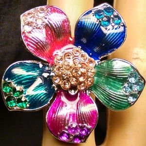 Multi Color Flower Rhinestones Cocktail Ring
